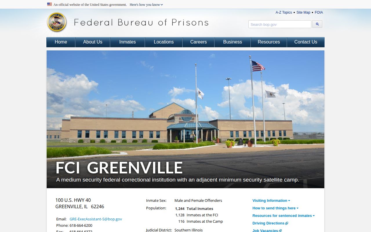 FCI Greenville federal facility and release contact page in Bond County