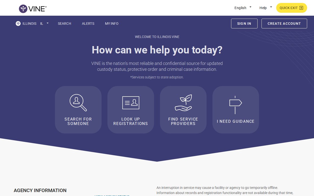 Illinois VINE search and Get Notified interface